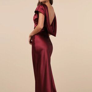 Lulus Captivating Presence Wine Red Satin Cowl Back Maxi Bridesmaid Dress - L